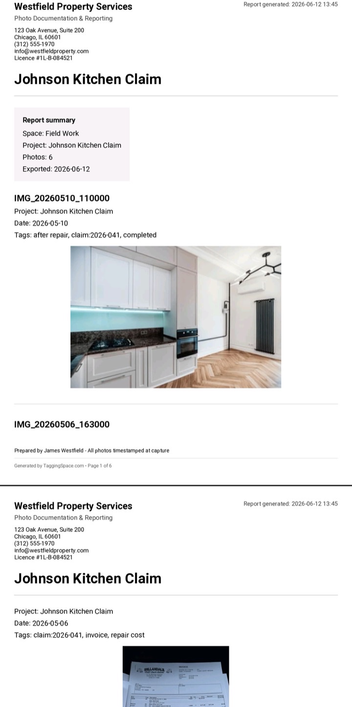 PDF report showing tagged insurance claim photos organized by room and damage type, ready to share with the adjuster
