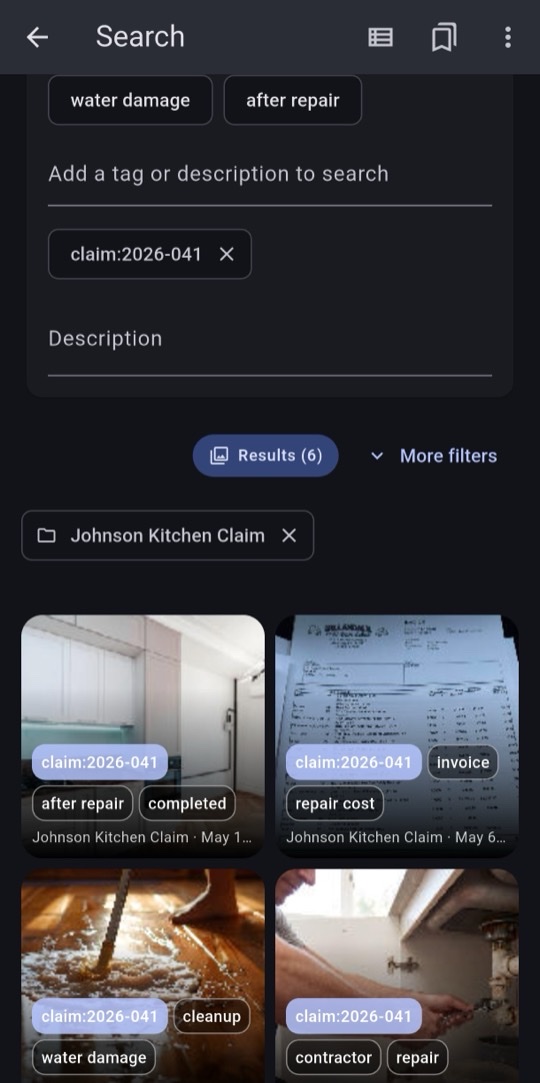 Search results screen showing construction photos filtered by tags and project