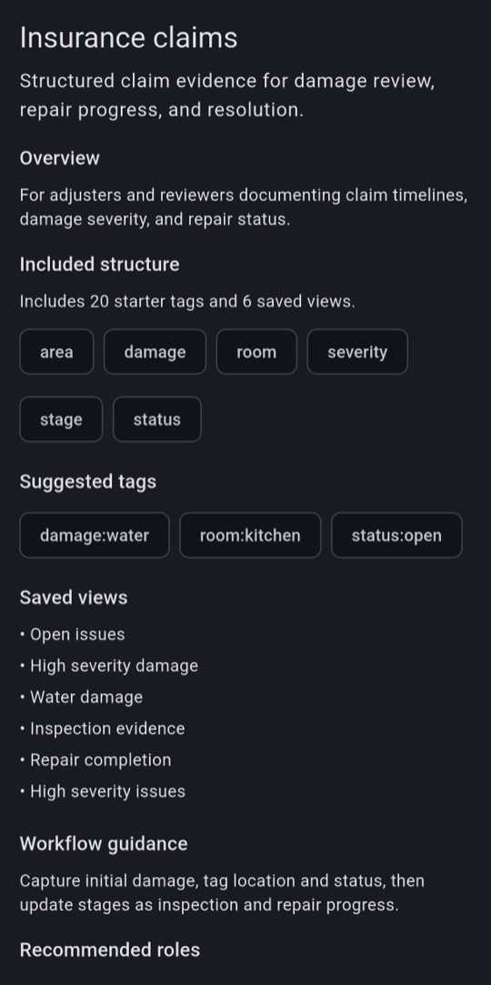 Insurance claim template screen showing starter tags for damage, room, severity and status categories
