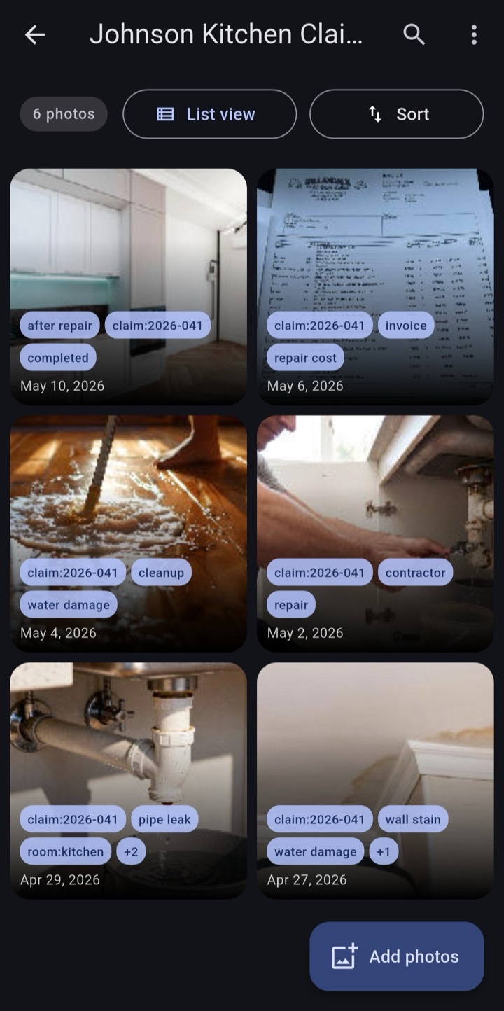 Timeline view showing claim photos from initial water damage through contractor repair and completion