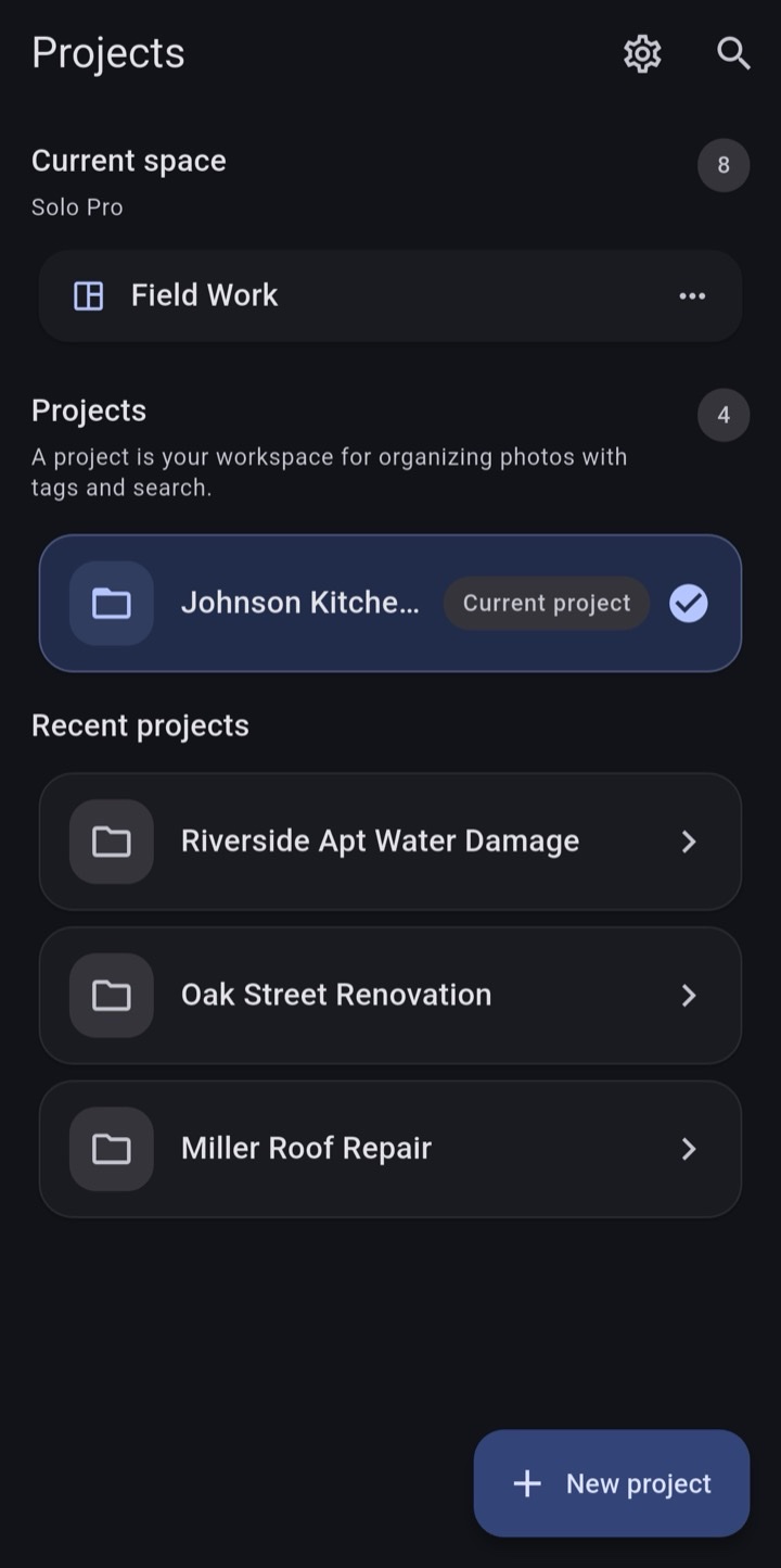 Project management screen showing a Field Work workspace with multiple organized job site projects