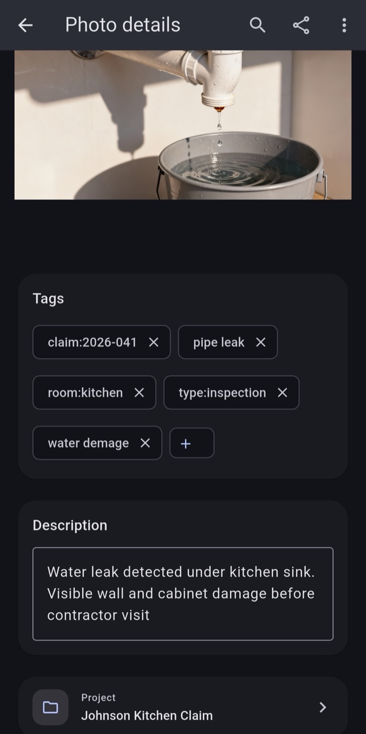 TaggingSpace photo details screen showing a leaking pipe with structured tags, notes, and project metadata