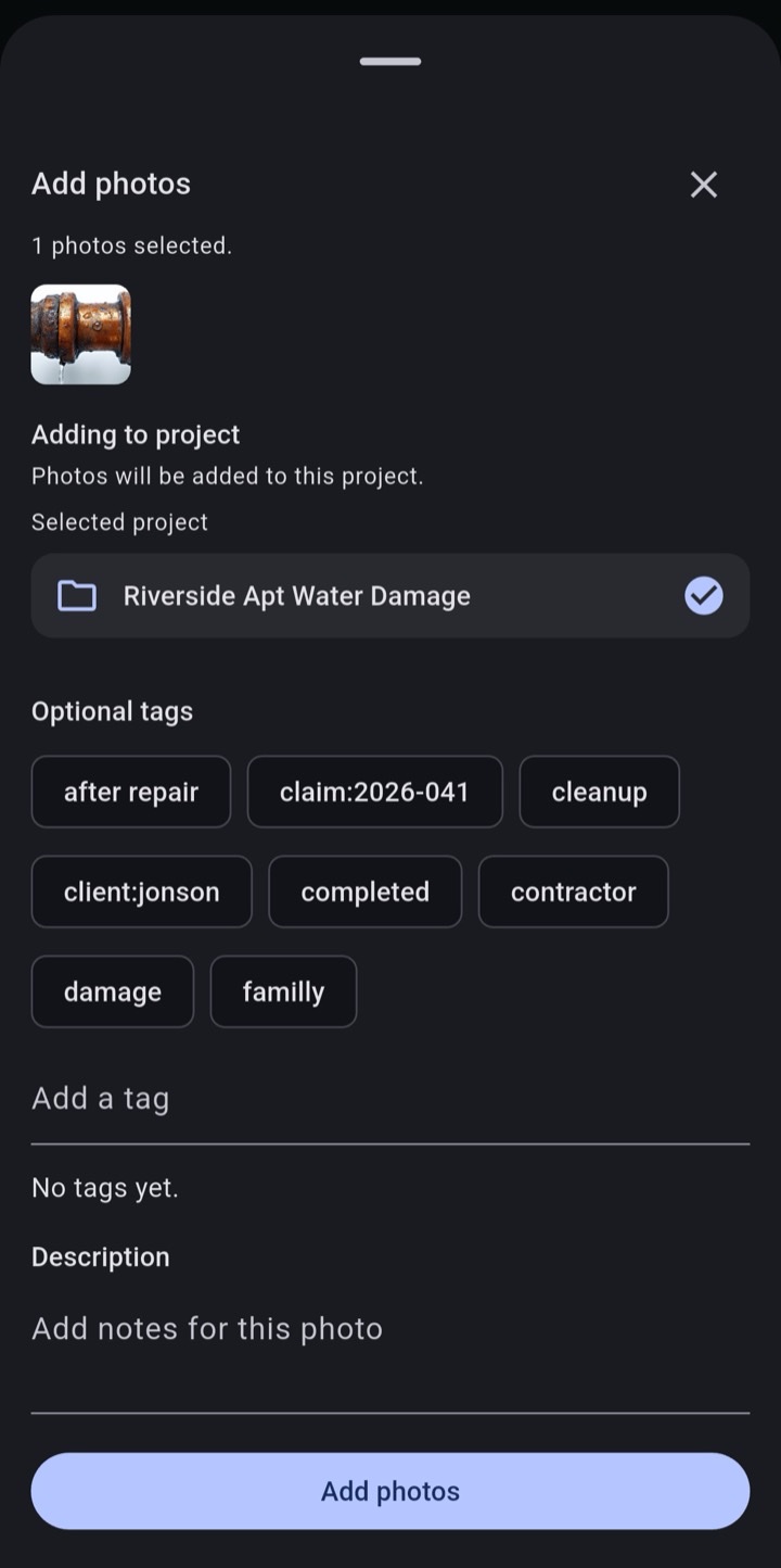 Photo import workflow showing project selection, suggested tags, and tag entry before saving a claim photo